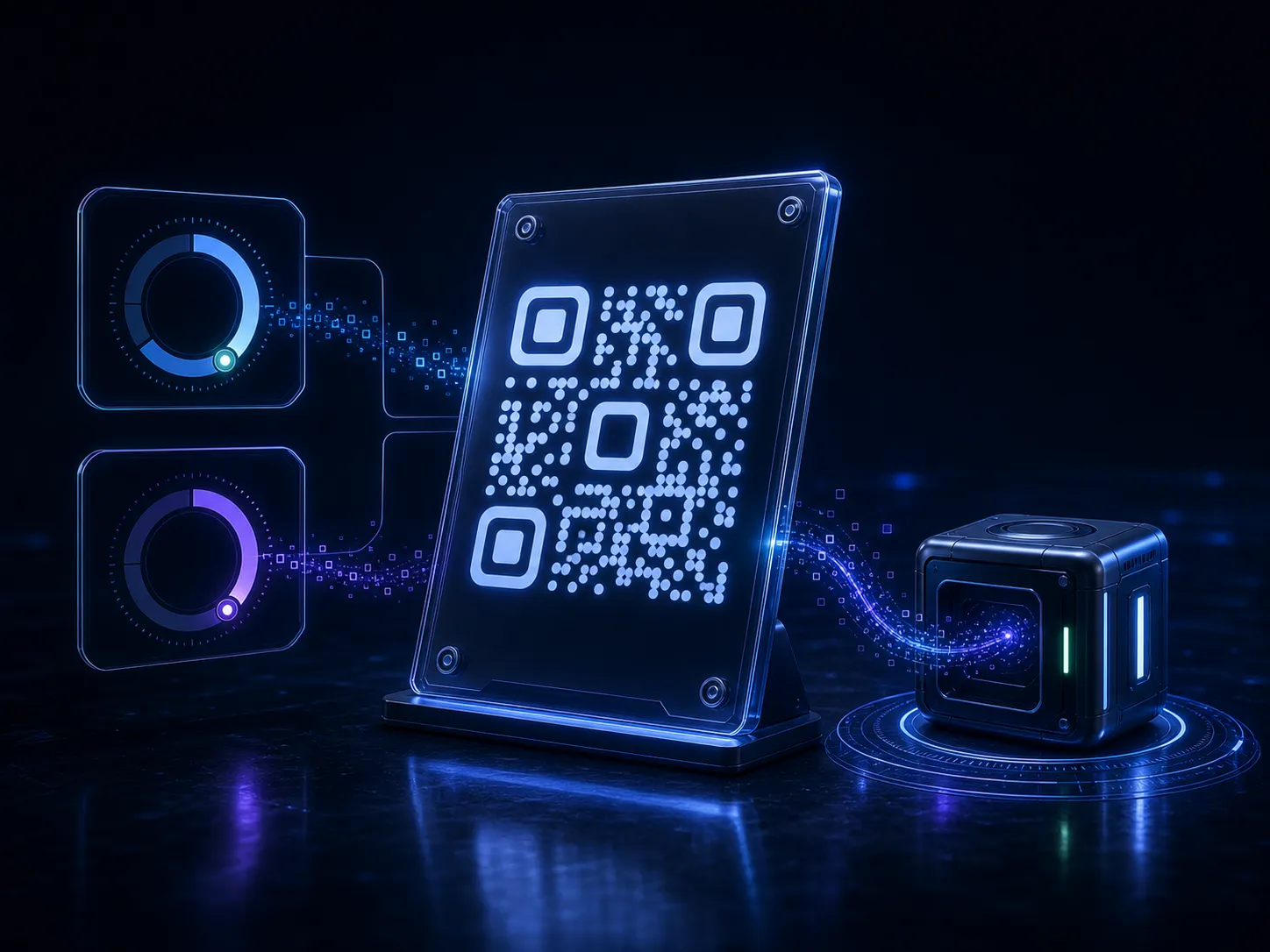 One illuminated QR plaque is connected to its own scan pack and separate scan-budget and term gauges.