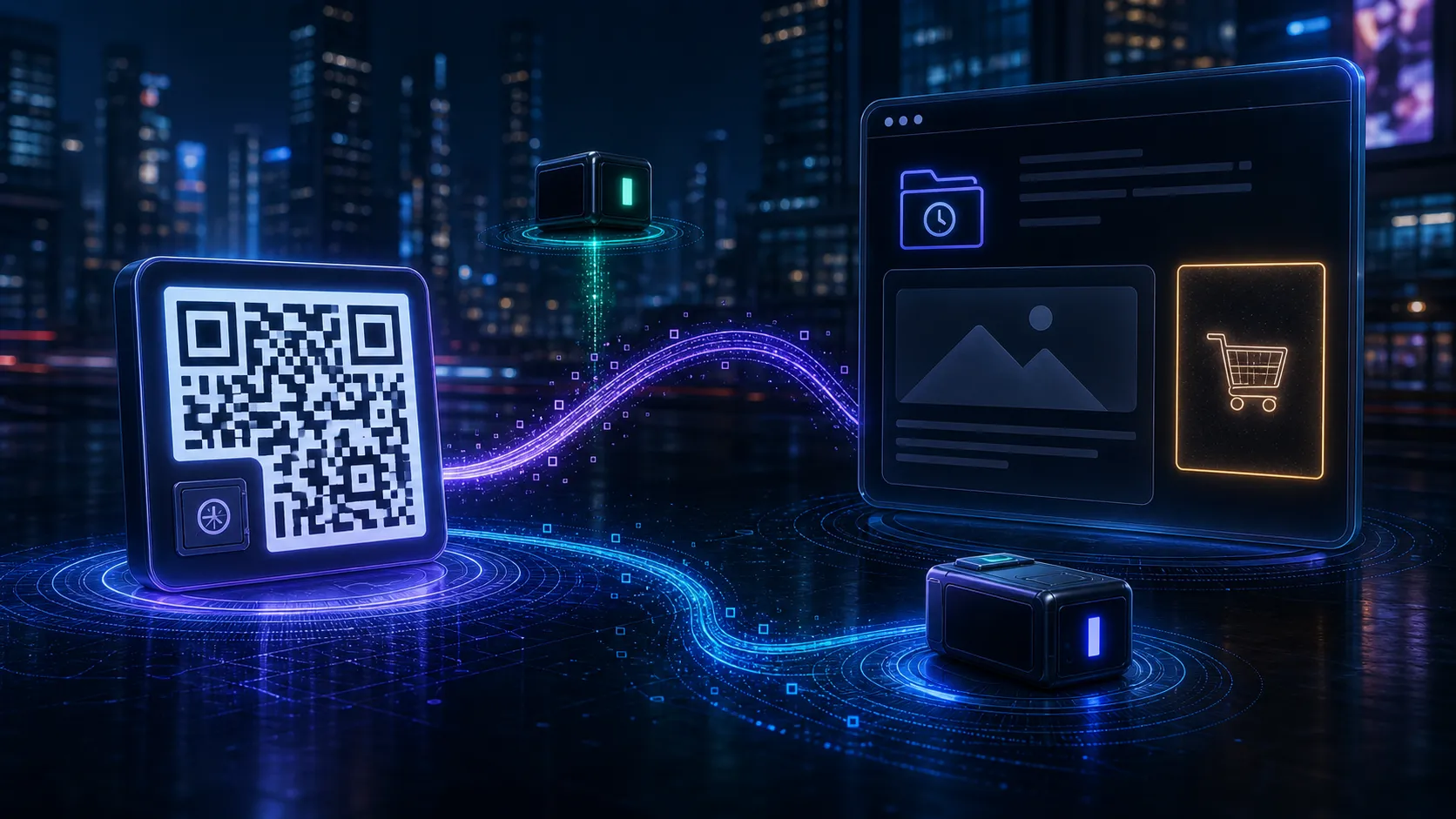 A QR code routes to an archived fallback page with one bounded ad area and a visible path for reactivation with another pack.