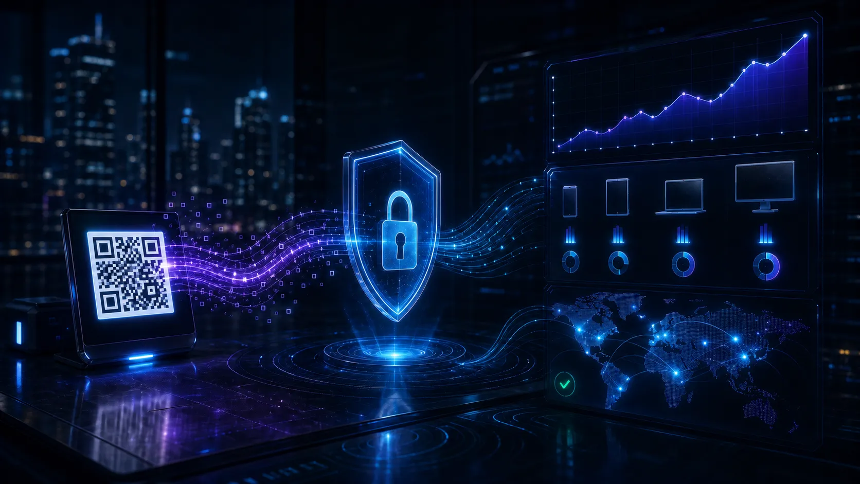 QR scan signals pass through a privacy shield before becoming aggregate trends, device breakdowns, and country-level insights.